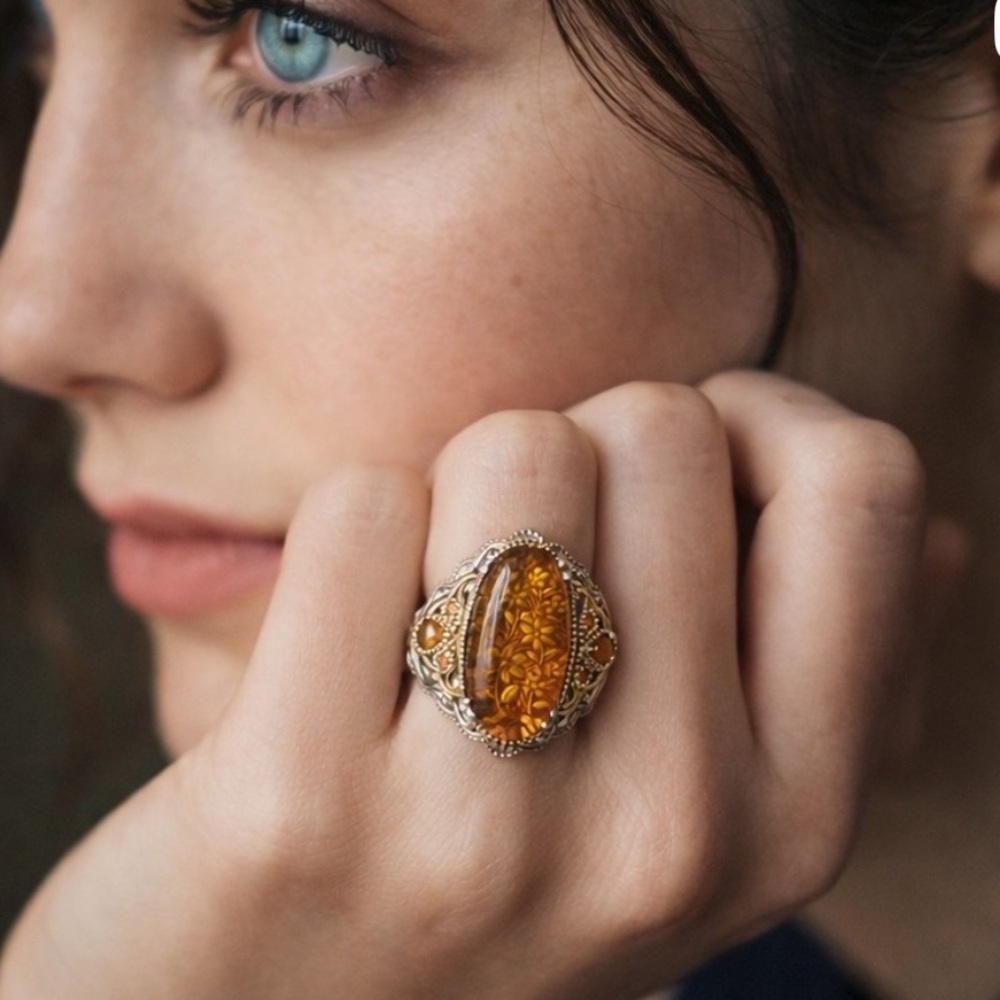 BALTIC AMBER Carved Oval Ring 925 Sterling Silver Statement Ring